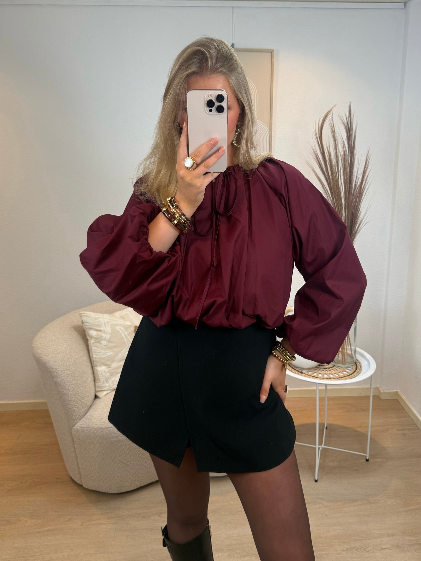Cropped Puff Blouse Burgundy